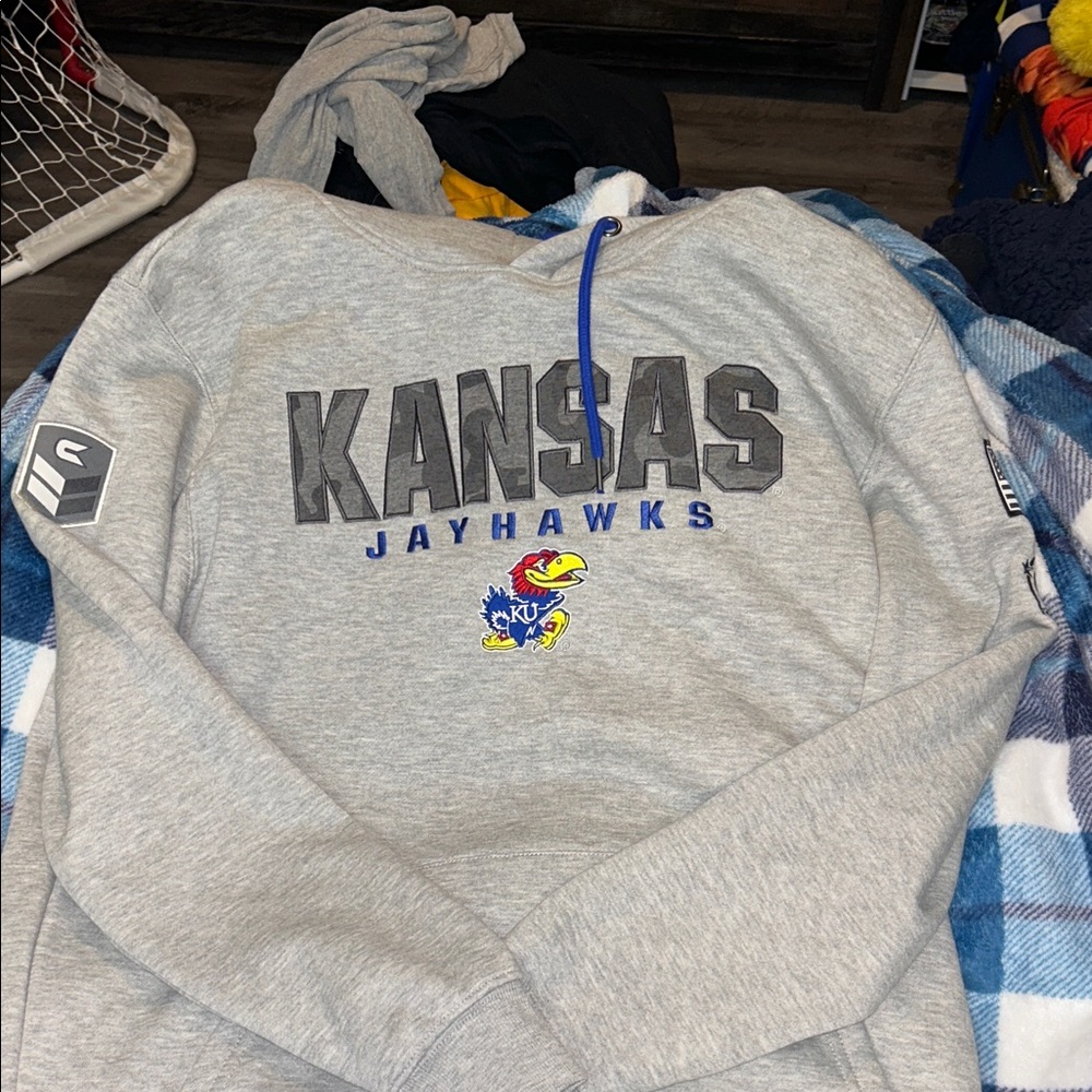 Kansas Jayhawks Gray Pullover Hoodie with Logo - L